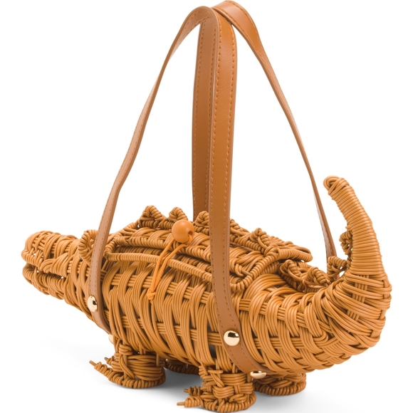 Crocodile-Shaped Tan Woven Handbag - Picture 2 of 3